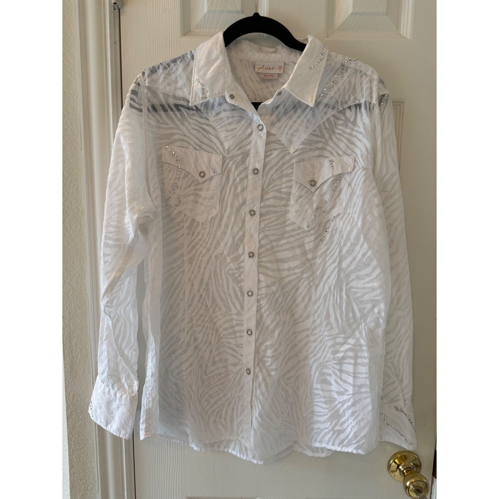 Ariat Western Snap Shirt XL Sheer Zebra Rhinestone Cowgirl Top - Picture 2 of 9